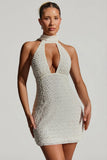 Embellished Scarf Detail Halterneck Mini Dress in White