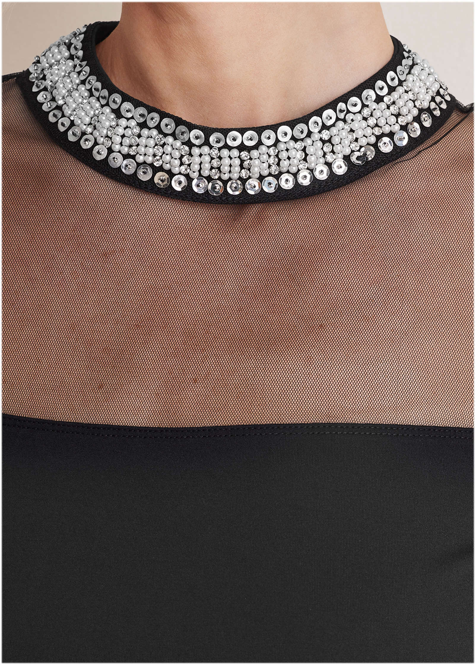 Embellished Neck Mesh Top Jet Black