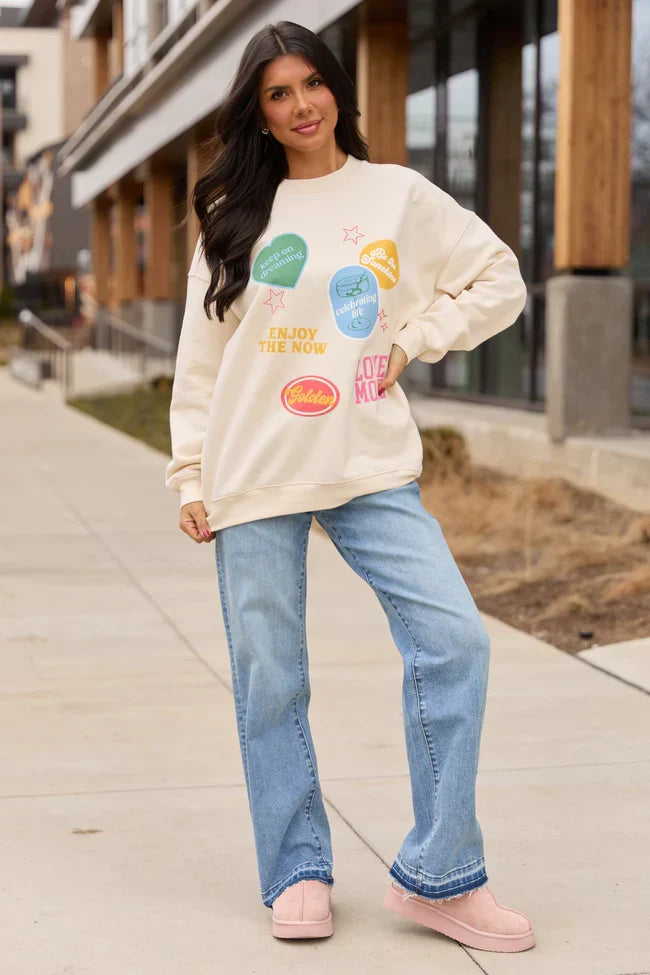 Positive Stickers Cream Graphic Sweatshirt