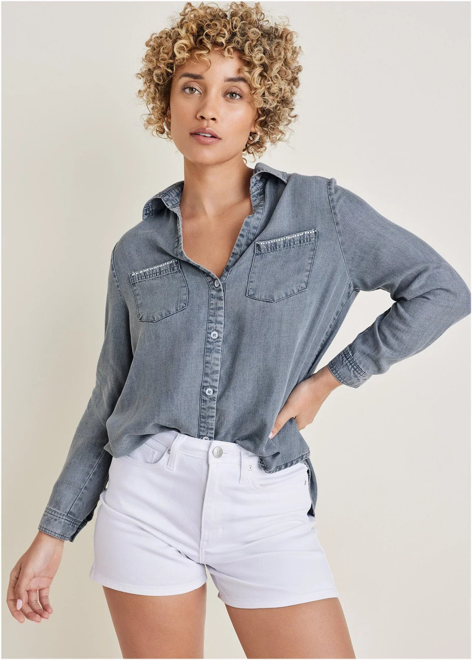 Chambray Button Down Top Medium Wash