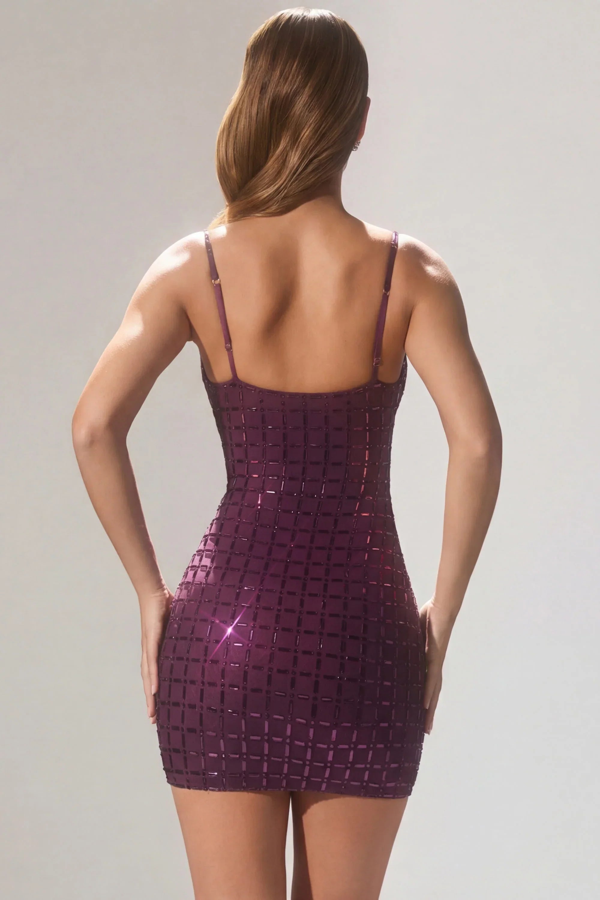 Embellished Plunge Semi Sheer Mini Dress in Deep Purple