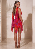 First Class Print Mini Dress with Neck Scarf Fuchsia