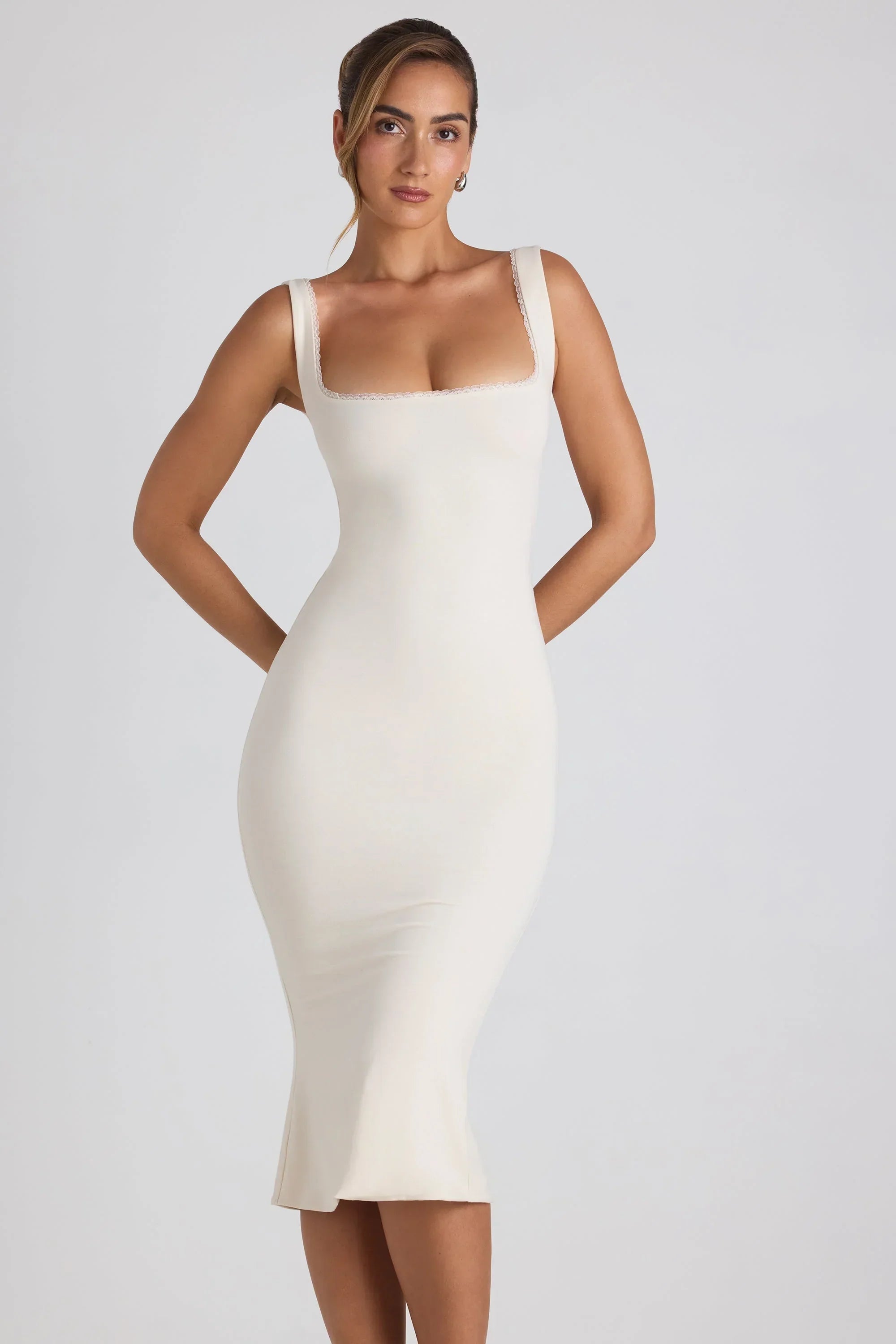 Modal Lace Trim Midaxi Dress in Ivory