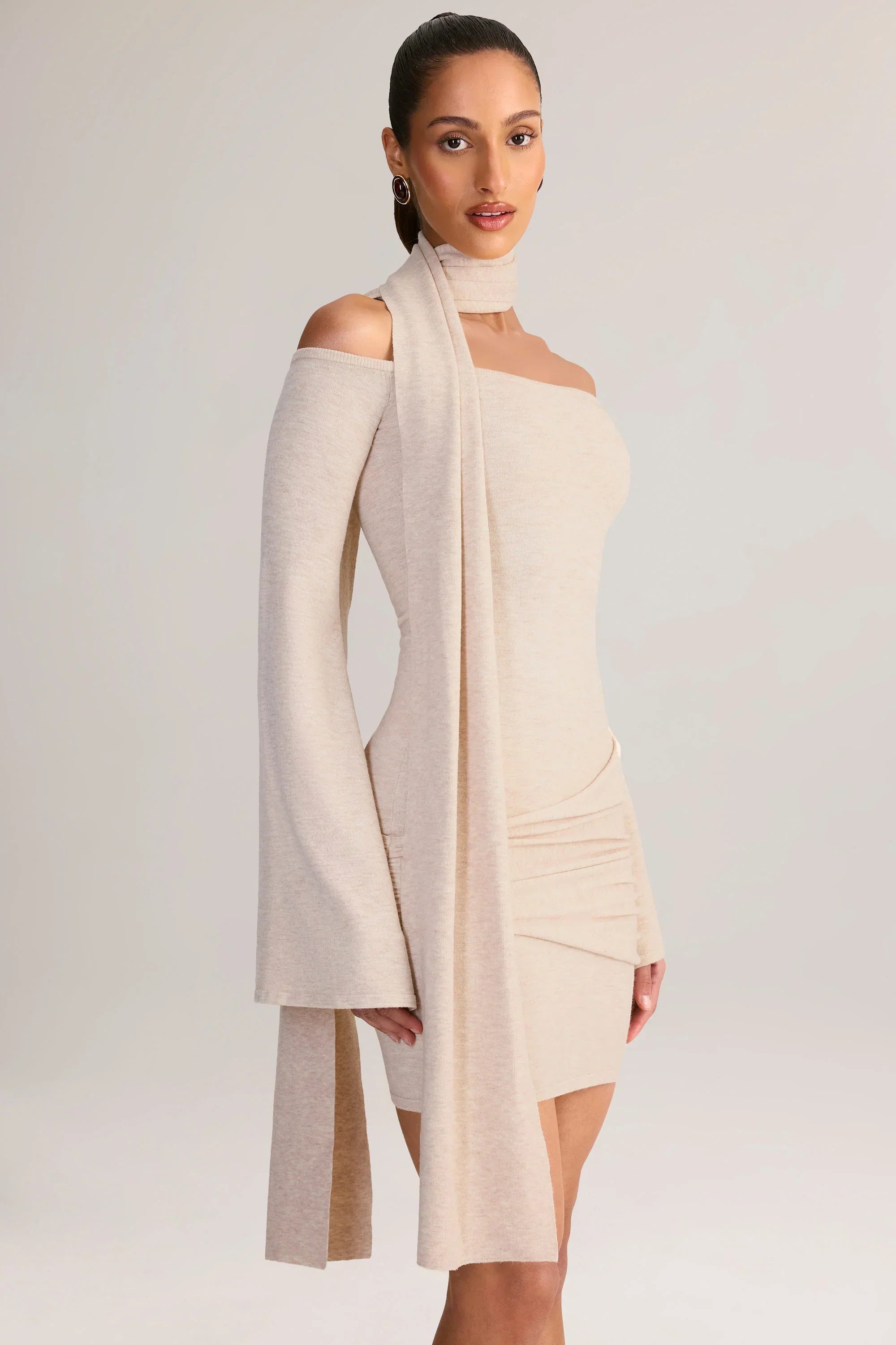 Knit Scarf Detail Off Shoulder Mini Dress in Cream