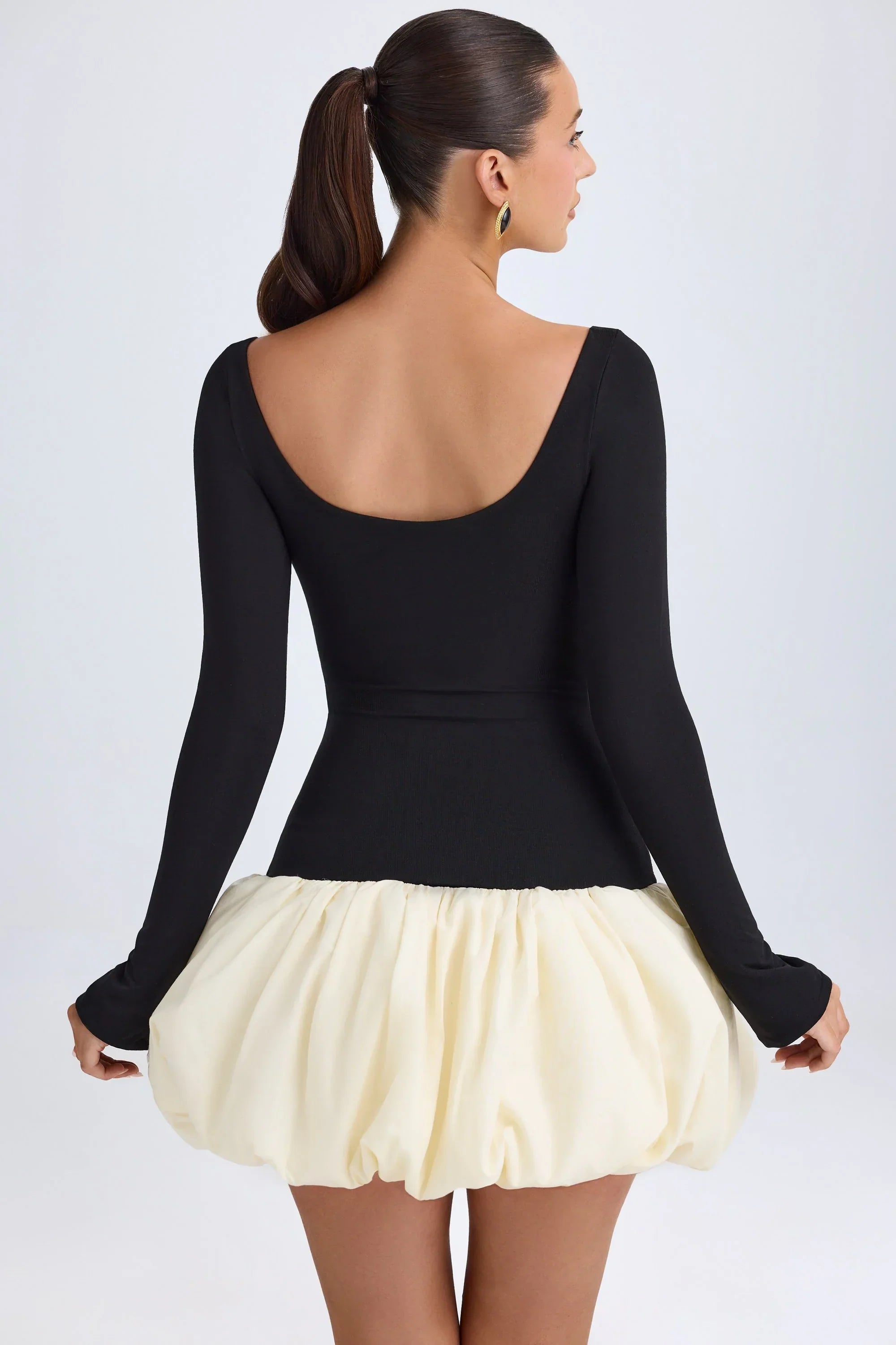 Modal Scoop Neck Drop Waist Bubble Hem Mini Dress in Vanilla