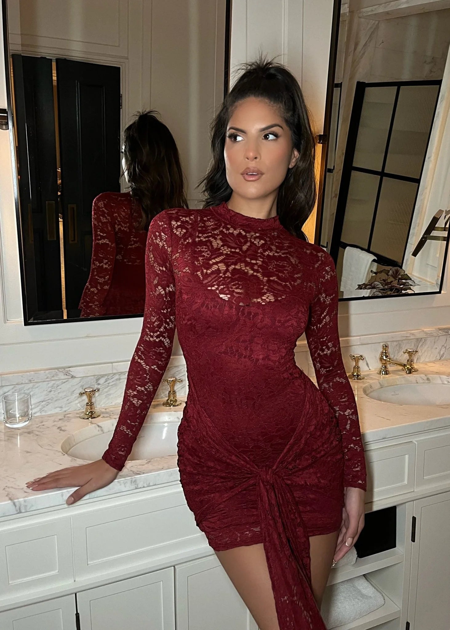 Love Club Lace High Neck Tie Detail Dress Wine