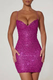 Embellished Sweetheart Neck Mini Dress in Magenta