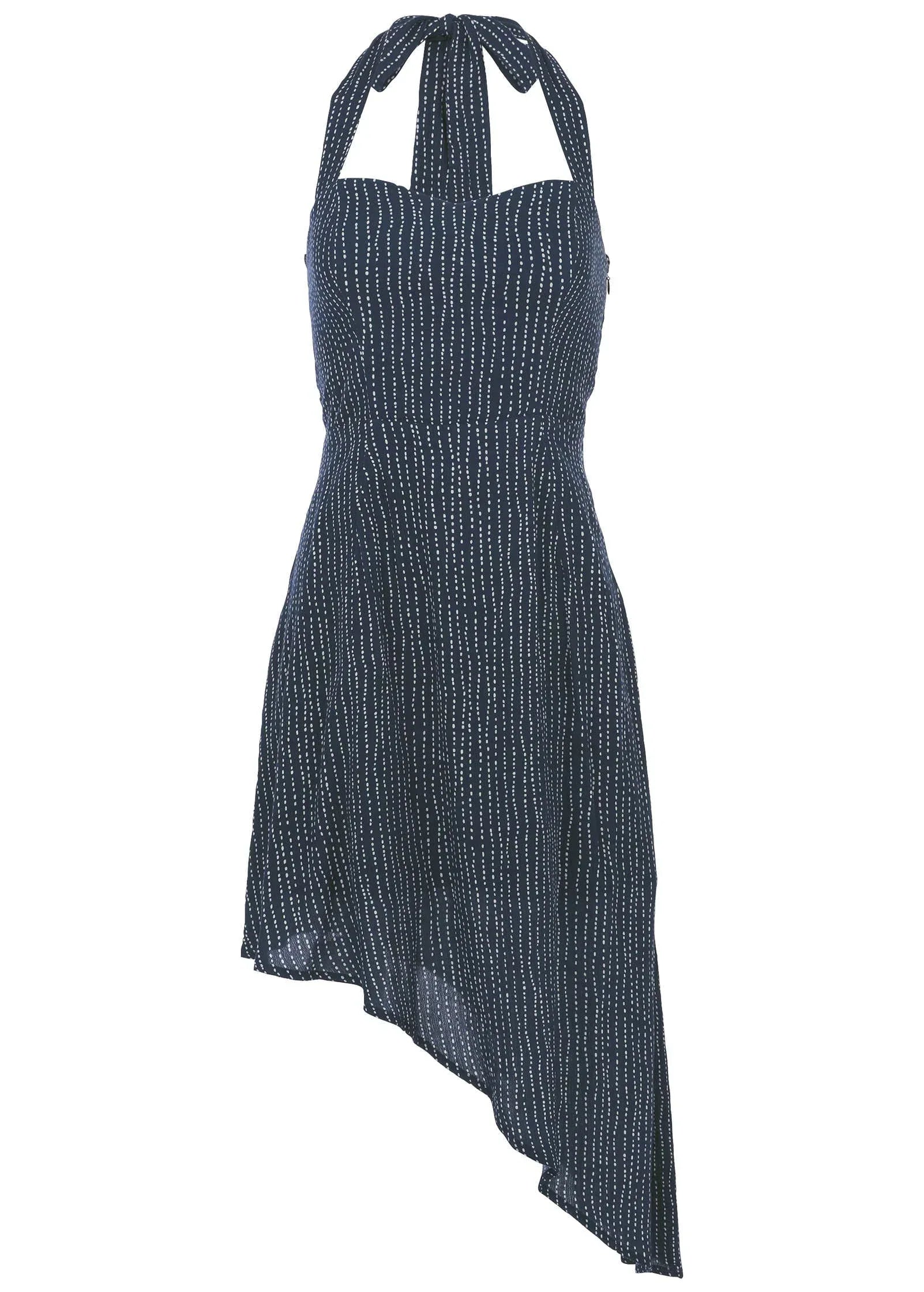 Halter High Low Dress Navy Dot Stripe