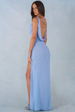 One Shoulder Maxi Dress in Blue Polka Dot Print