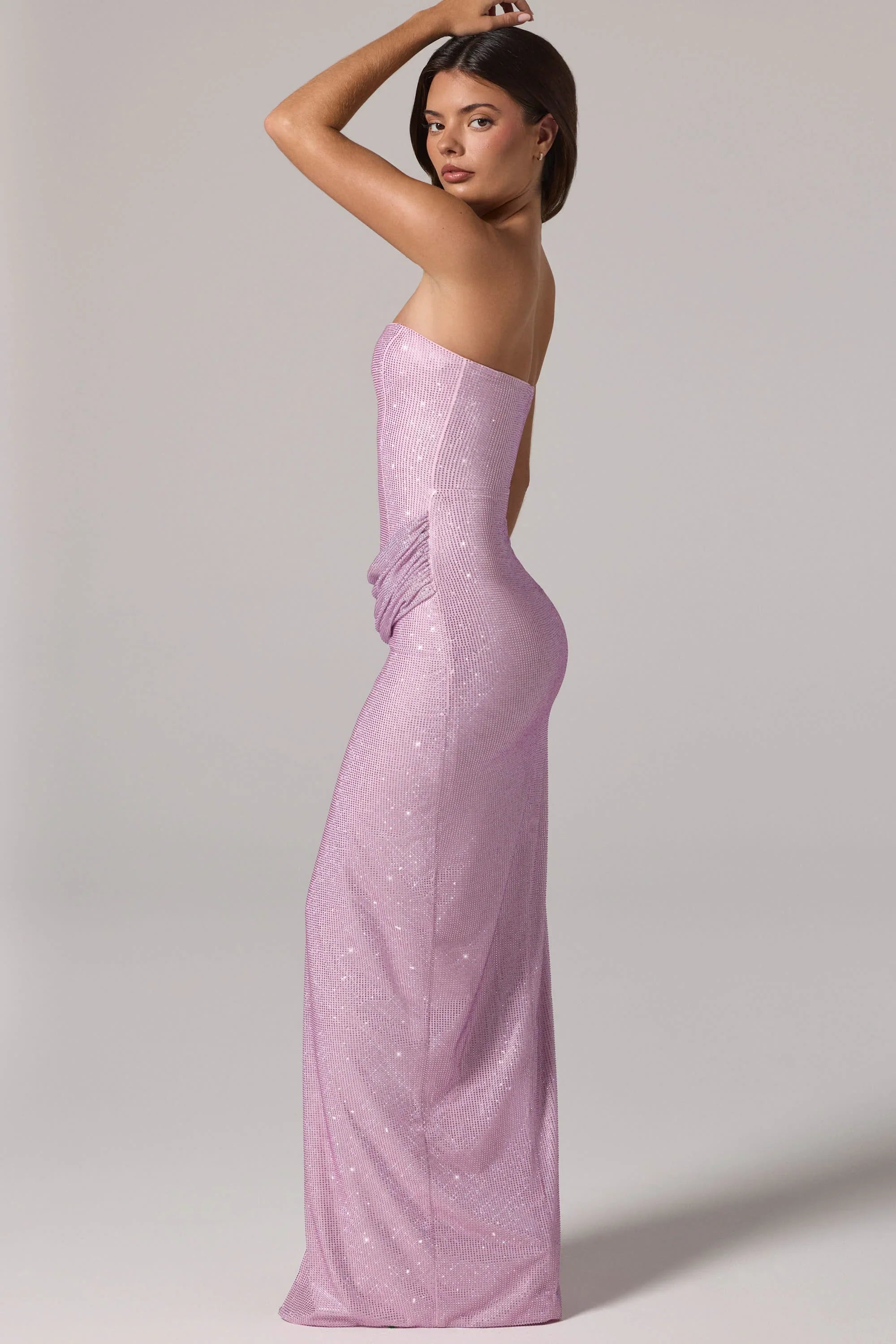 Embellished Bandeau Cowl Waist Maxi Dress in Pink