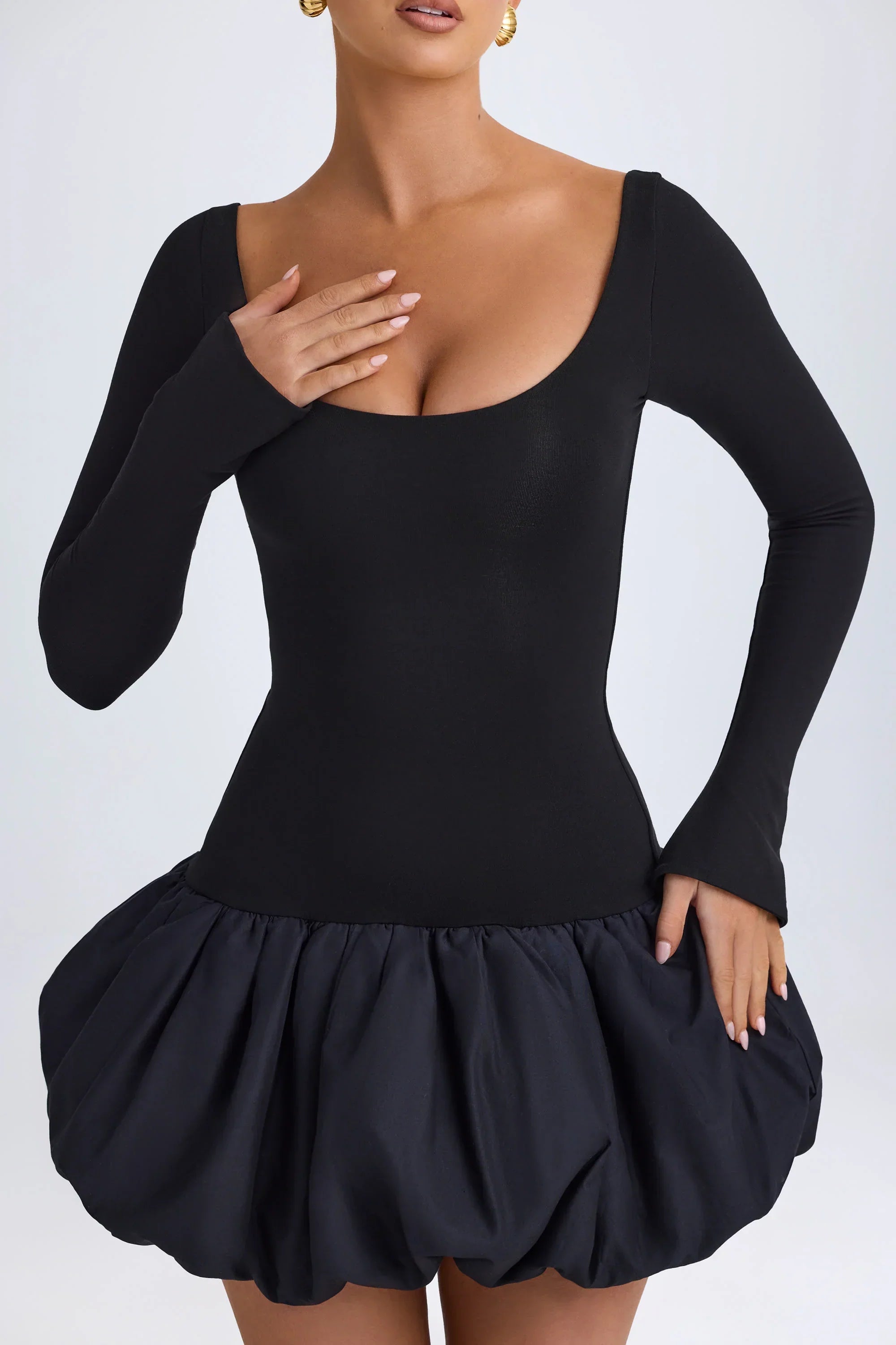 Modal Scoop Neck Drop Waist Bubble Hem Mini Dress in Black