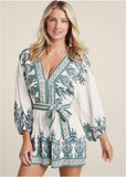 Linen Tie Waist Romper White Multi
