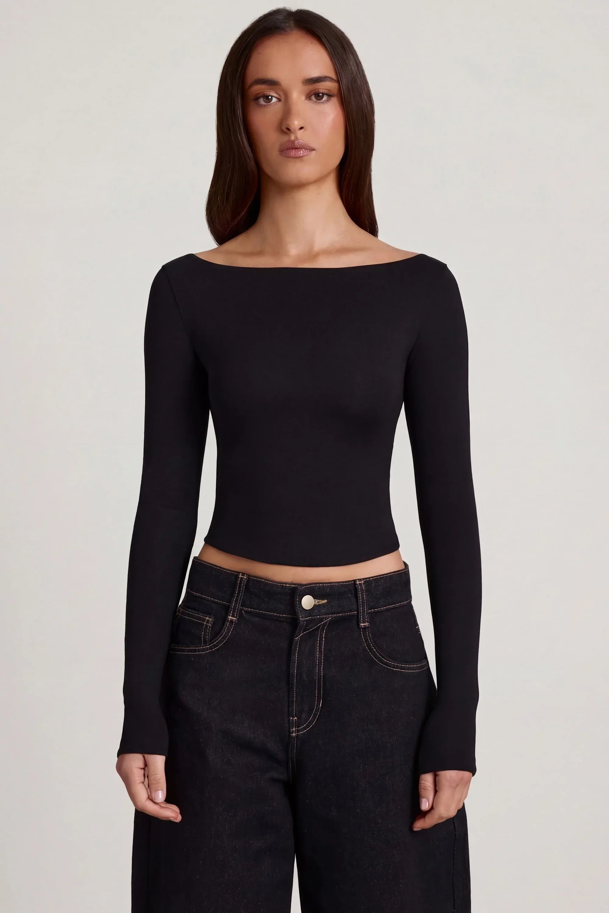 Modal Boat Neck Long Sleeve Top in Black