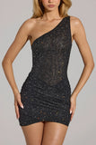 Embellished One Shoulder Mini Dress in Black