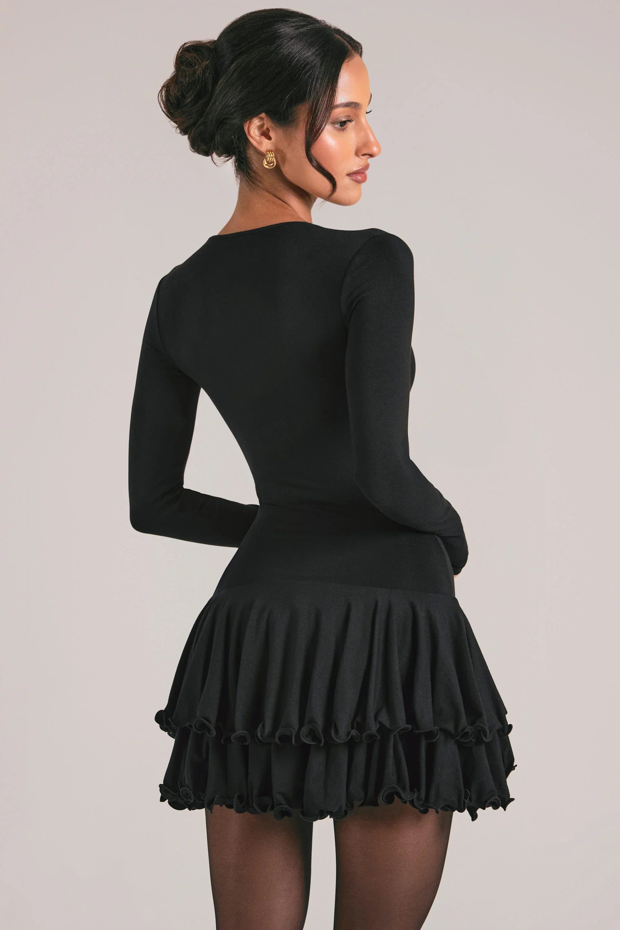V Neck Ruffle Skirt Mini Dress in Black