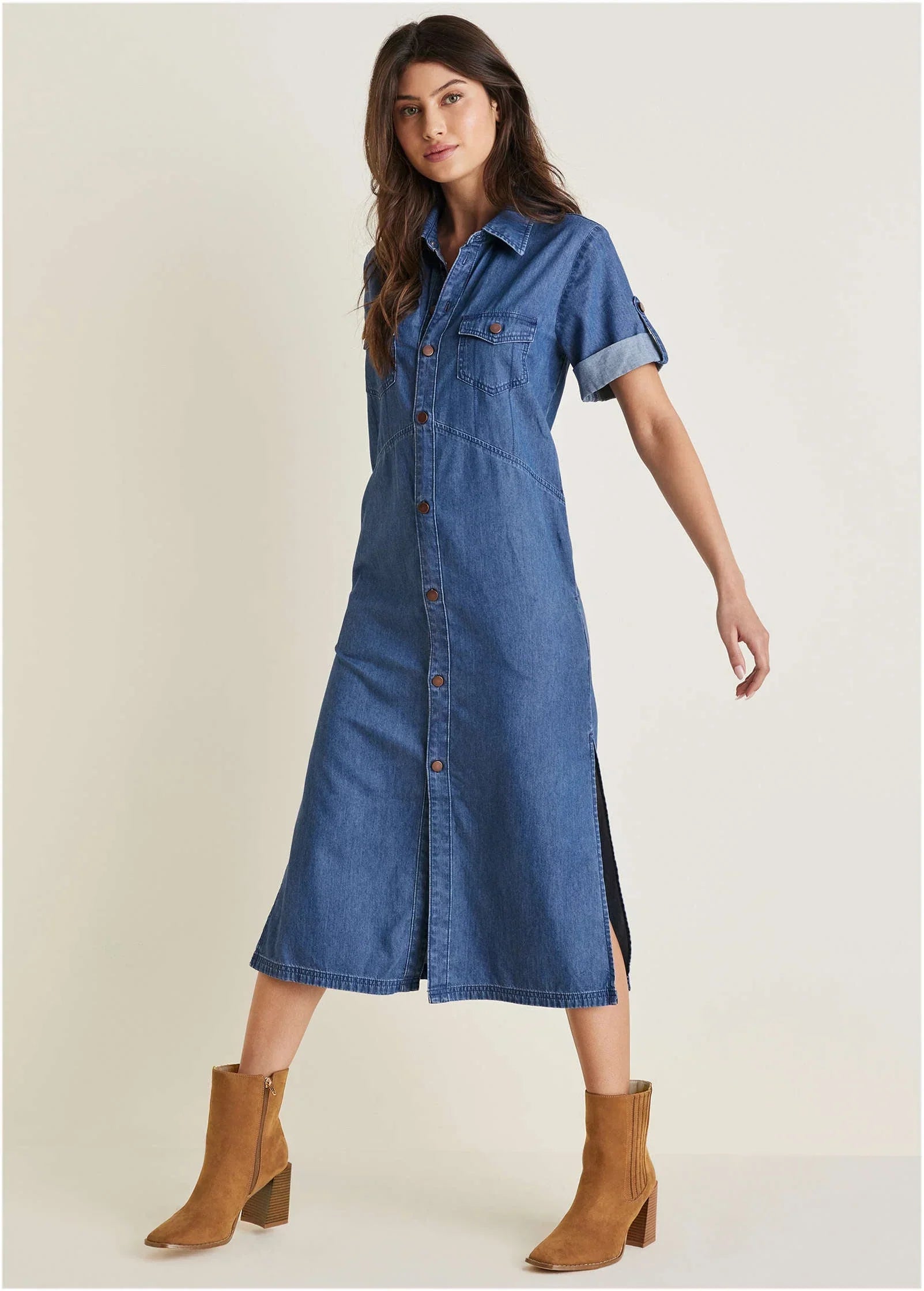 Denim Midi Shirt Dress Medium Wash