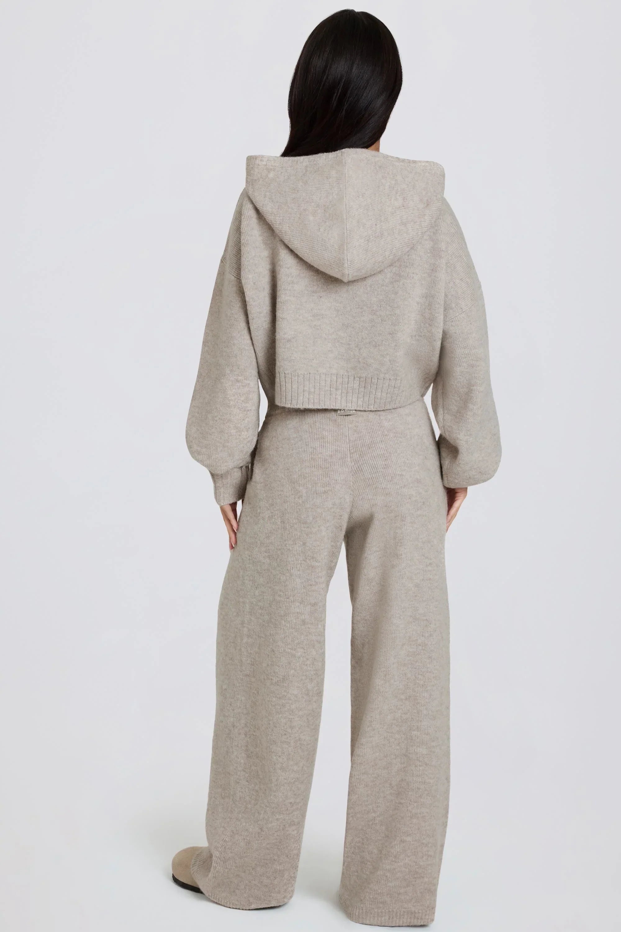 Knit Mid Rise Wide Leg Joggers in Beige