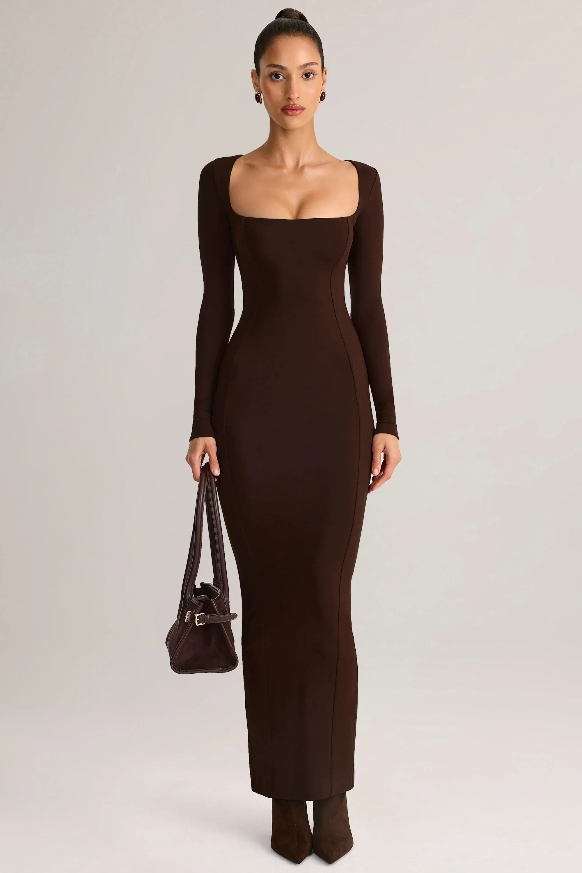 Modal Square Neck Bodycon Maxi Dress in Chocolate Brown
