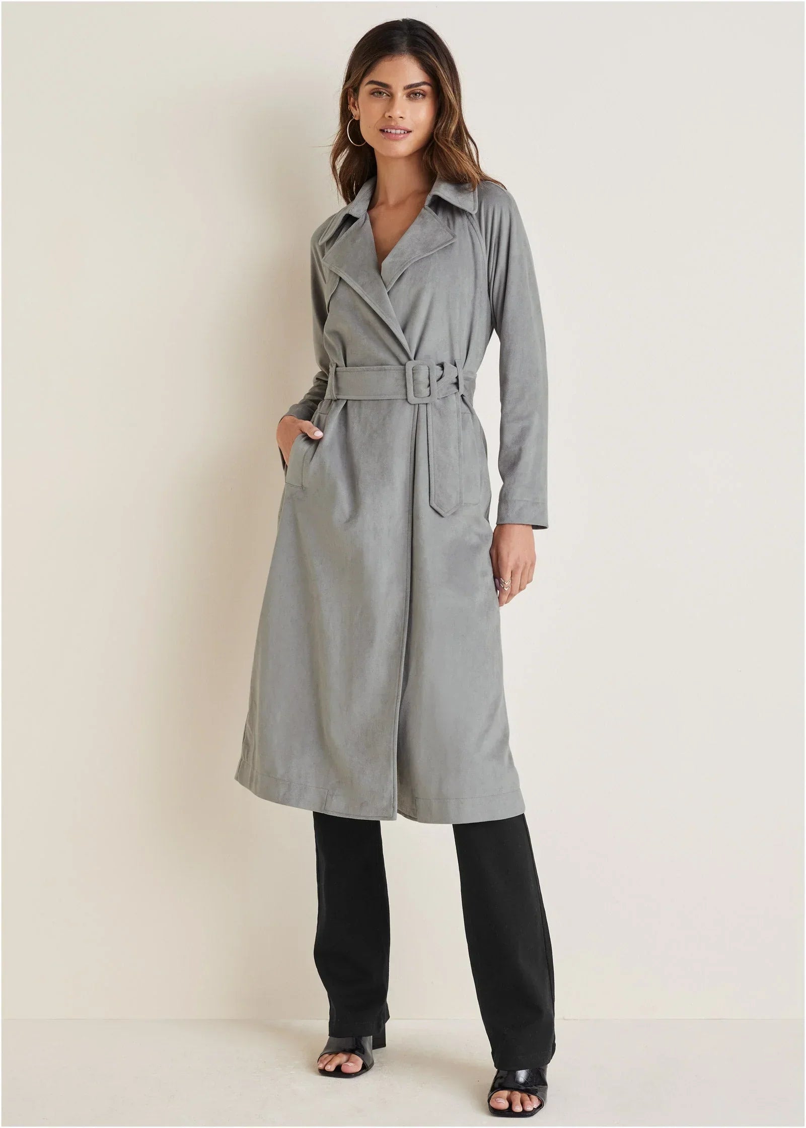 Faux Suede Trench Coat Grey
