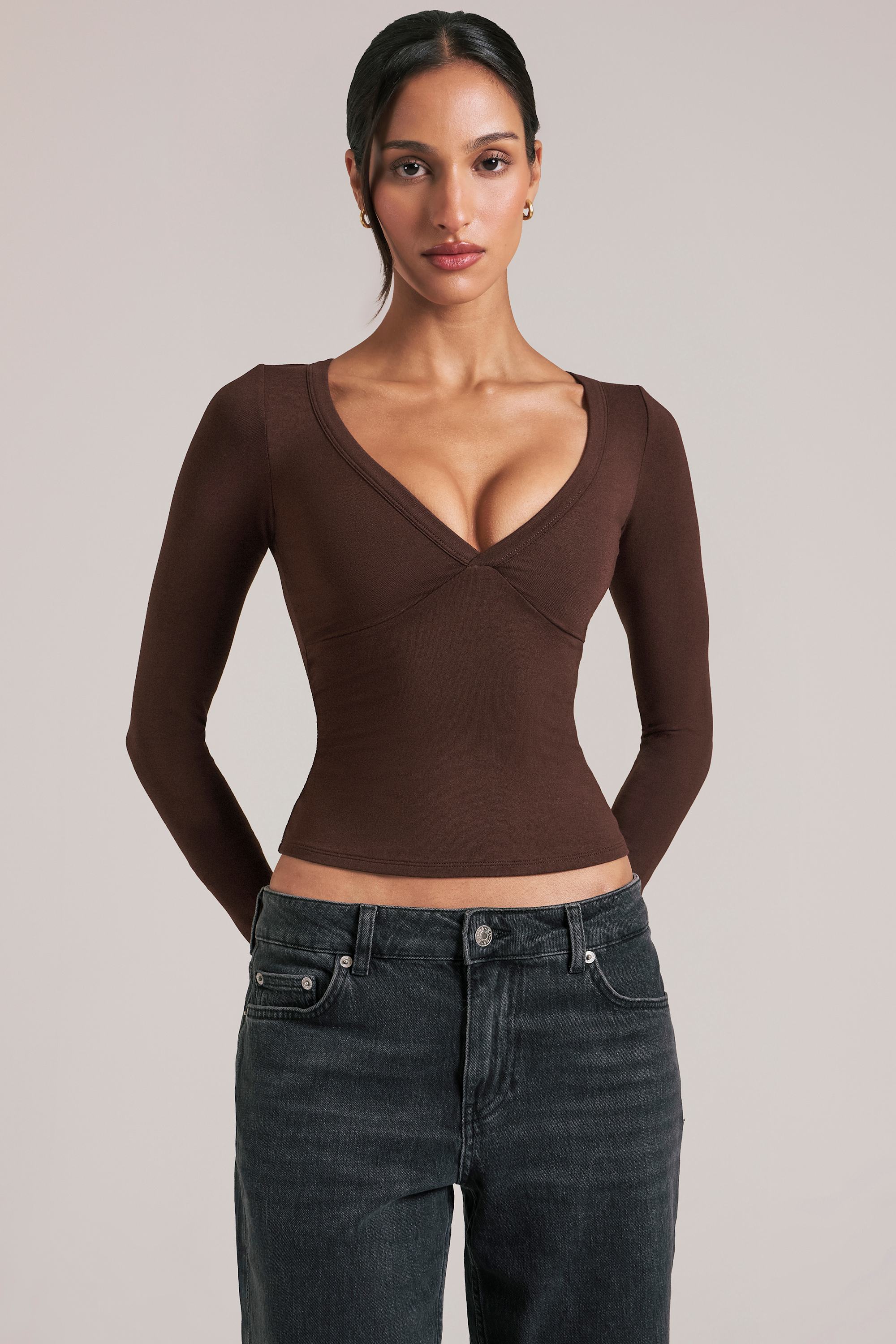 V Neck Long Sleeve Top in Chocolate Brown