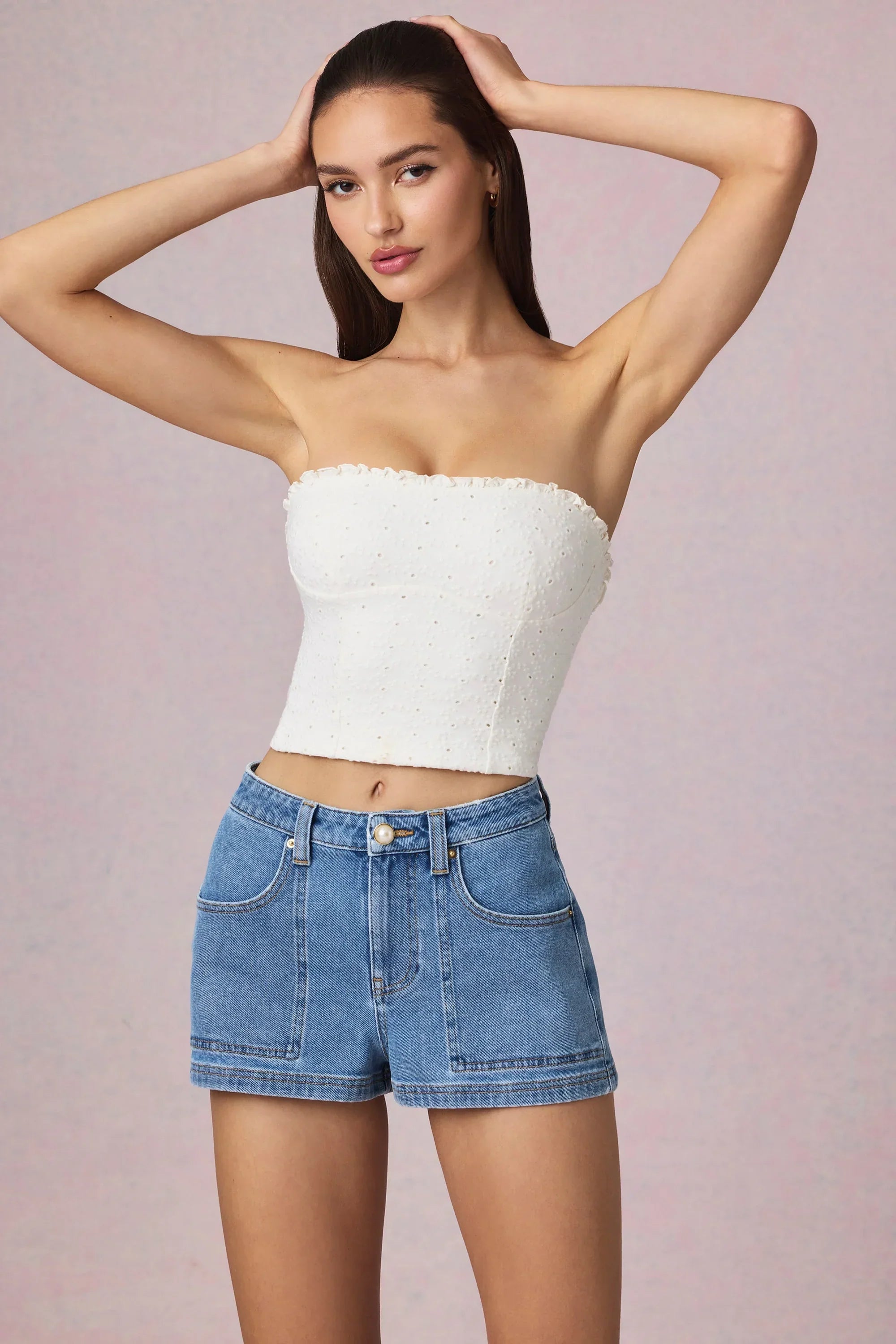 High Waist A Line Shorts in Mid Blue Wash