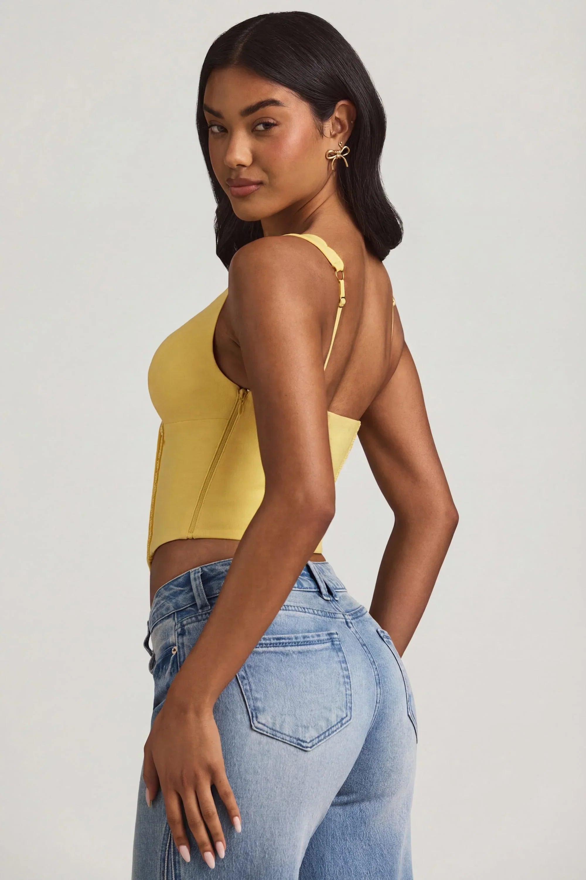Plunge Neck Scalloped Corset Top in Pastel Yellow