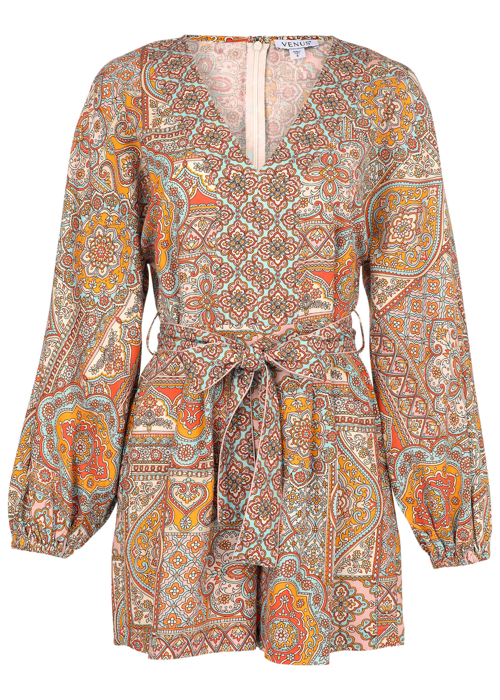 Linen Tie Waist Romper Medallion Golden Patchwork