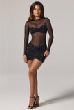 Sheer Embellished High Neck Long Sleeve Mini Dress in Black
