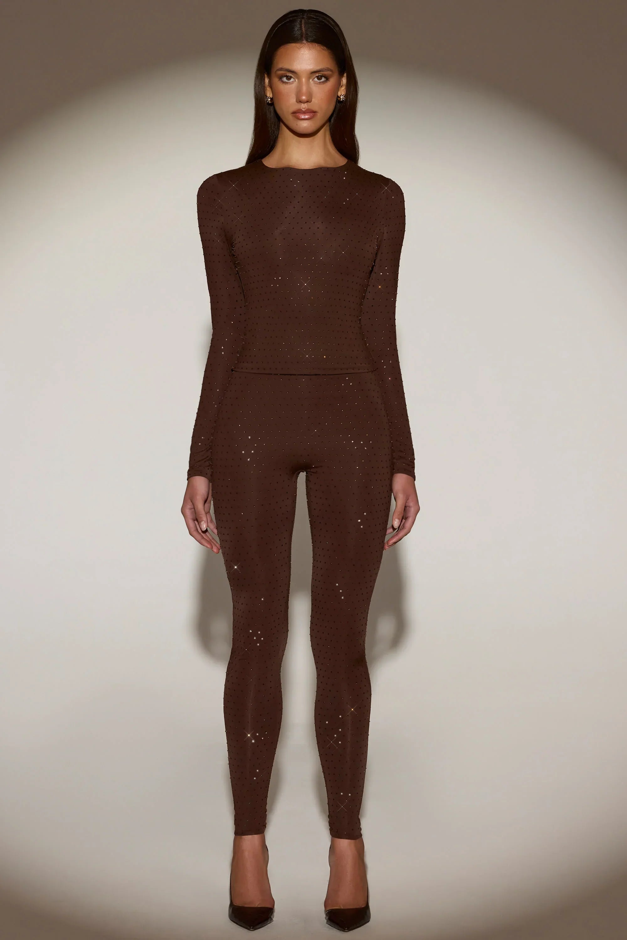 Embellished Crew Neck Long Sleeve Top in Chocolate Brown