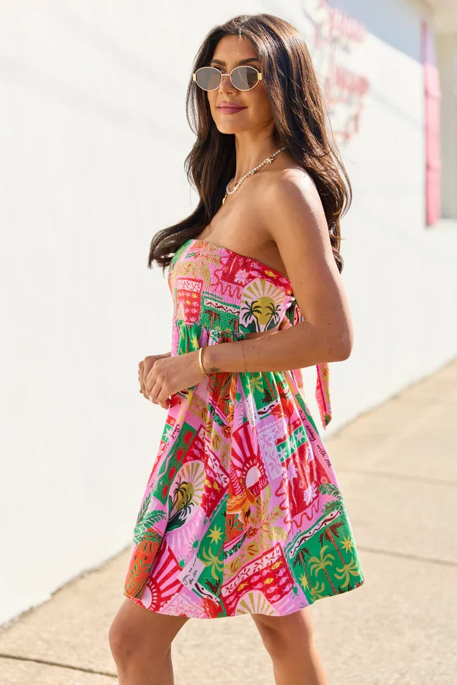 Calloway Multi Tropical Print Strapless Dress