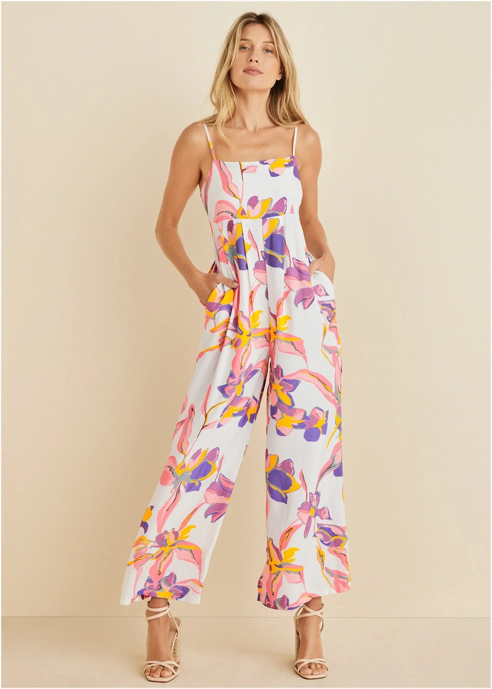 Square Neck Printed Jumpsuit White Multi