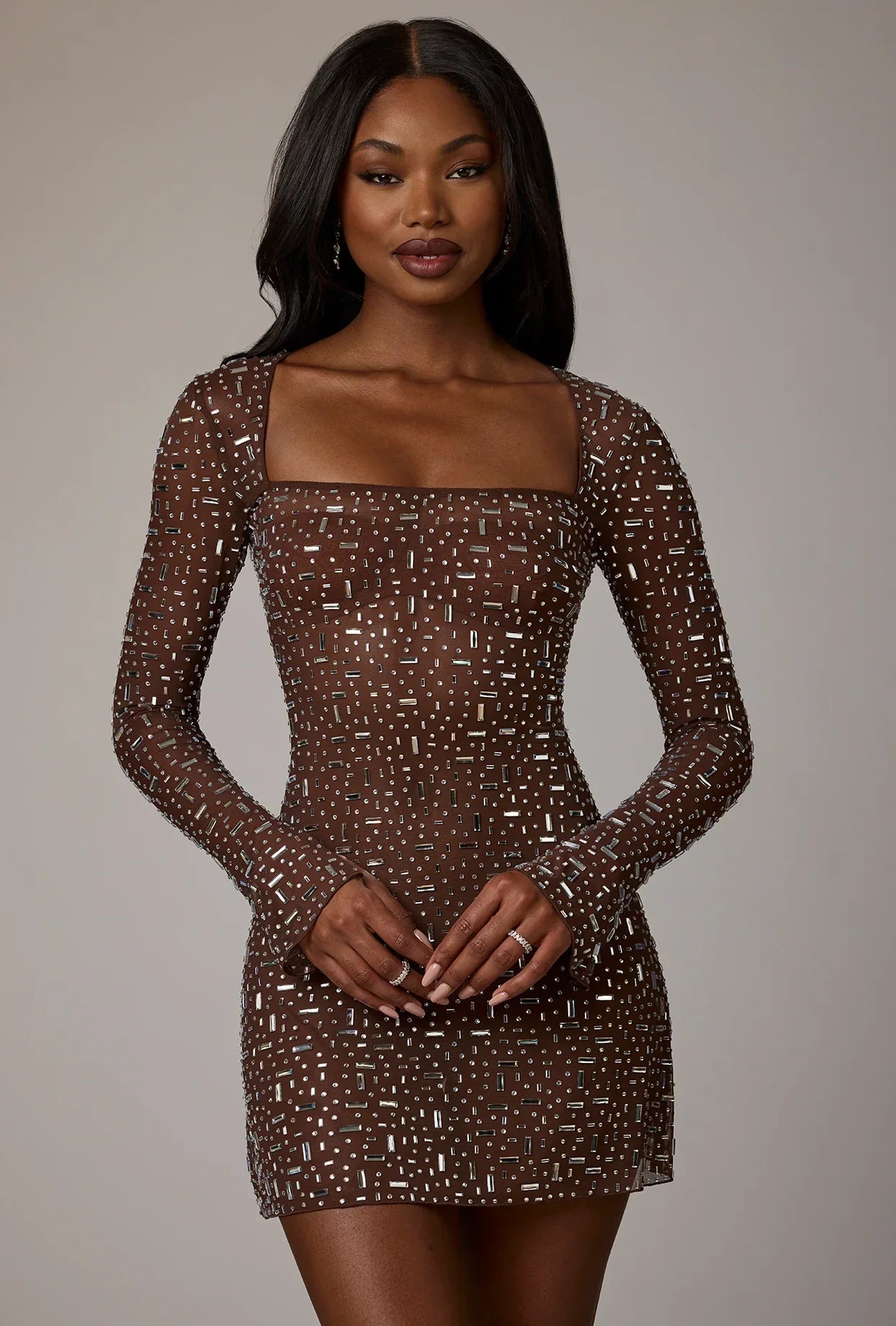 Sheer Embellished Long Sleeve A Line Mini Dress in Deep Cocoa