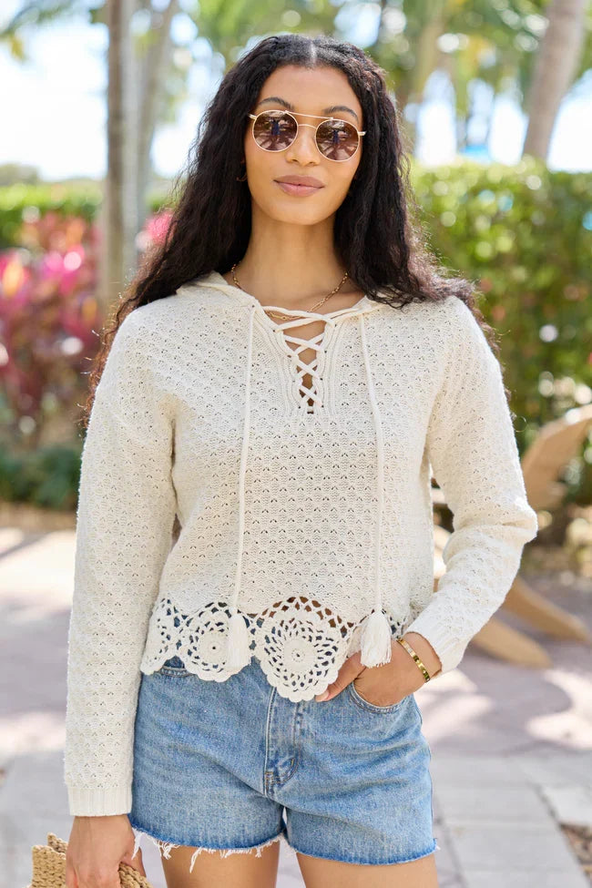Harrisyn Ivory Cropped Crochet V Neck Hoodie
