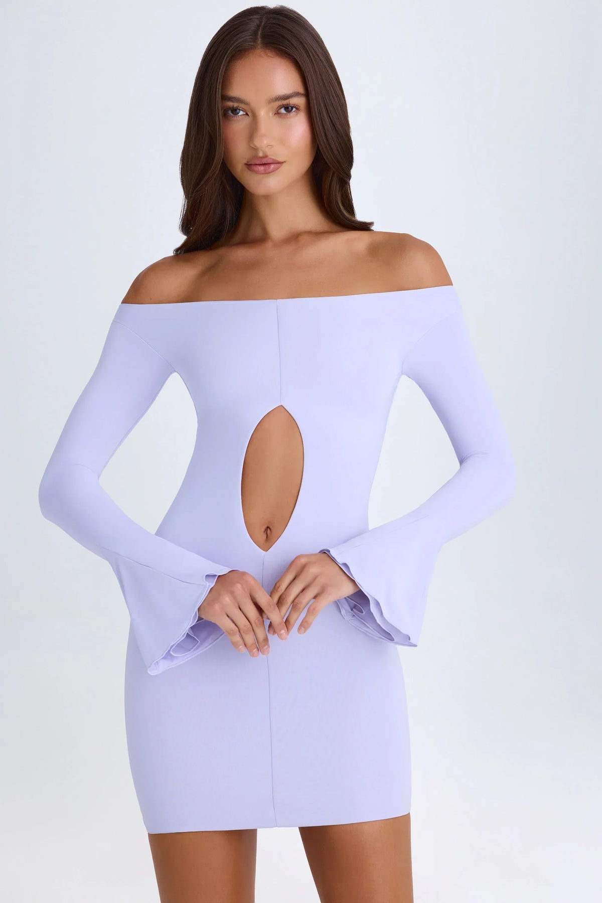 Off Shoulder Cut Out Mini Dress in Soft Lilac