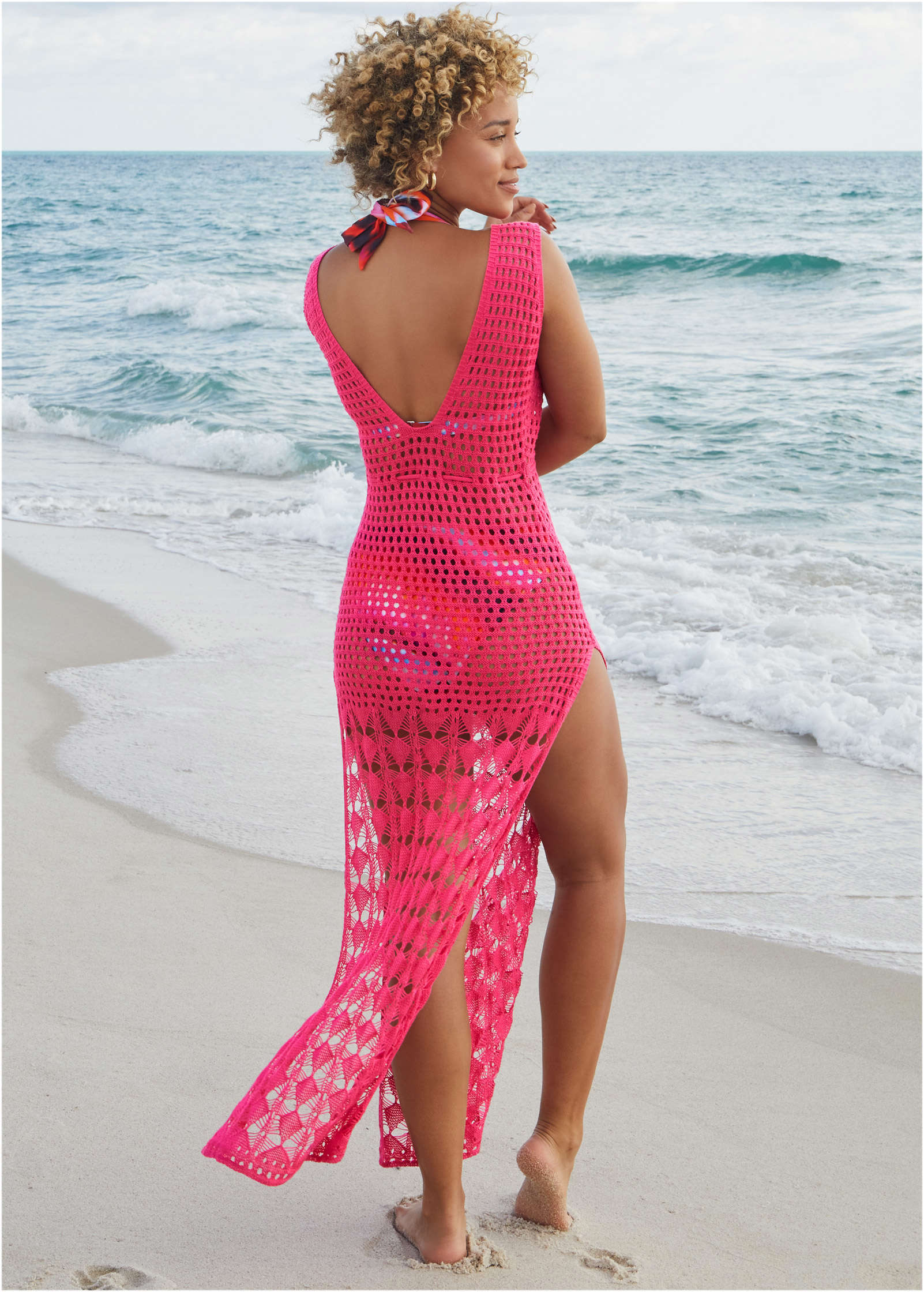 Crochet Maxi Cover Up Dress Fuchsia
