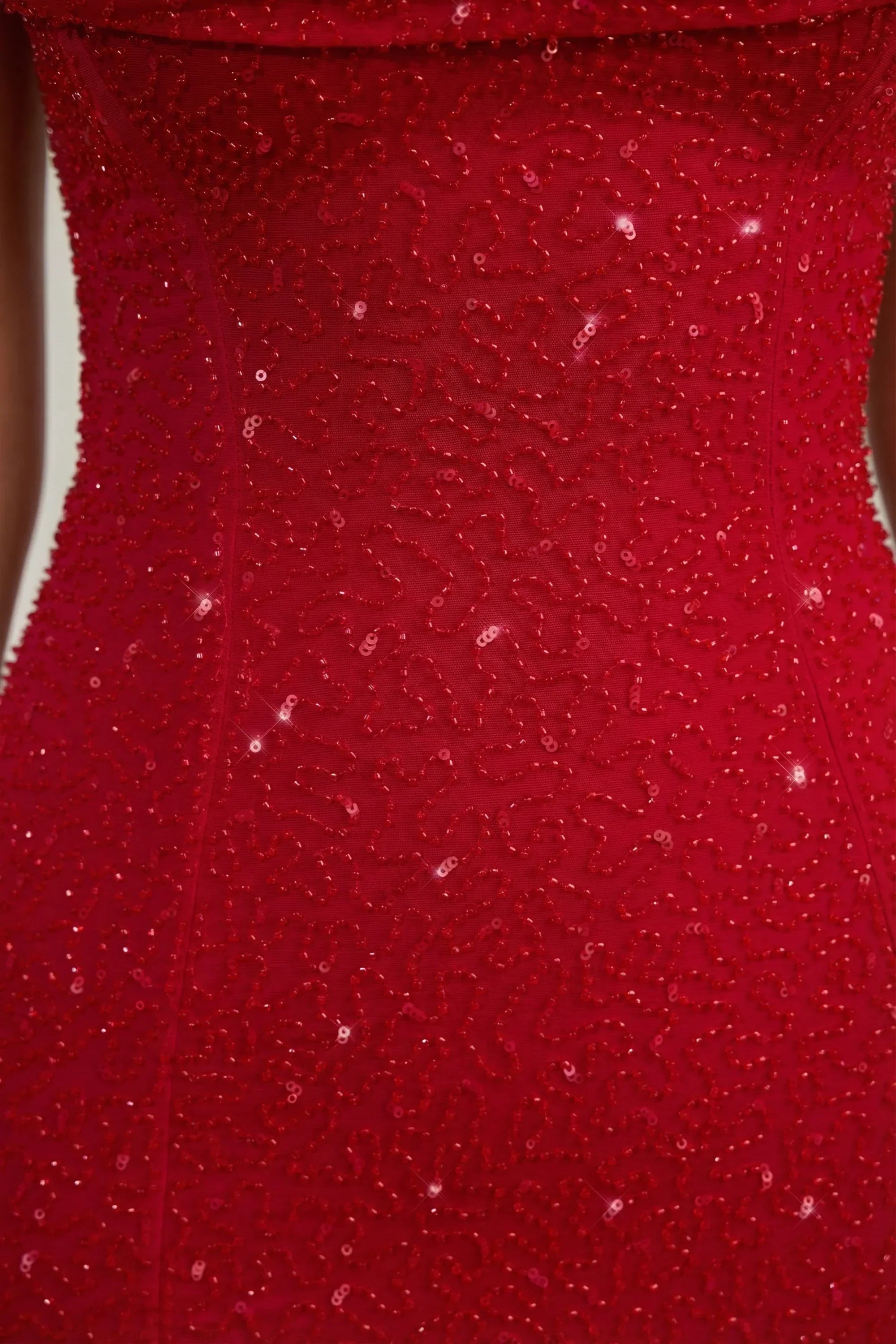 Embellished Strapless Cowl Neck Mini Dress in True Red