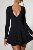 Bow Detail Plunge Neck A Line Mini Dress in Black