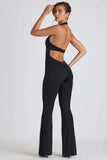 Modal Lace Trim Cut Out Flared Jumpsuit in Black