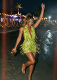 New Vibrations Cowl Tassel Mini Dress Green