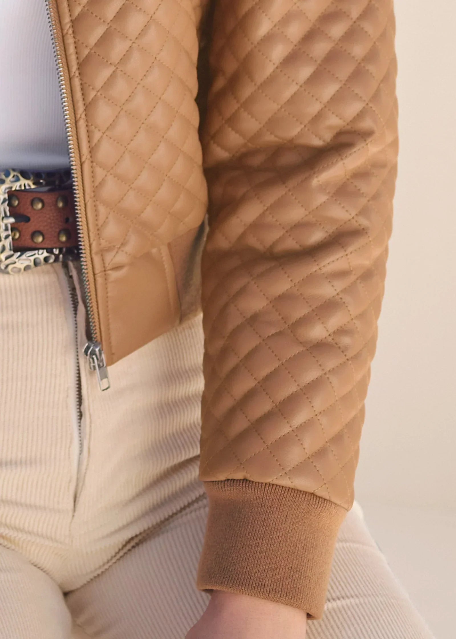 Faux Leather Bomber Jacket Tan