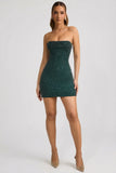 Embellished Strapless Cowl Neck Mini Dress in Emerald Green