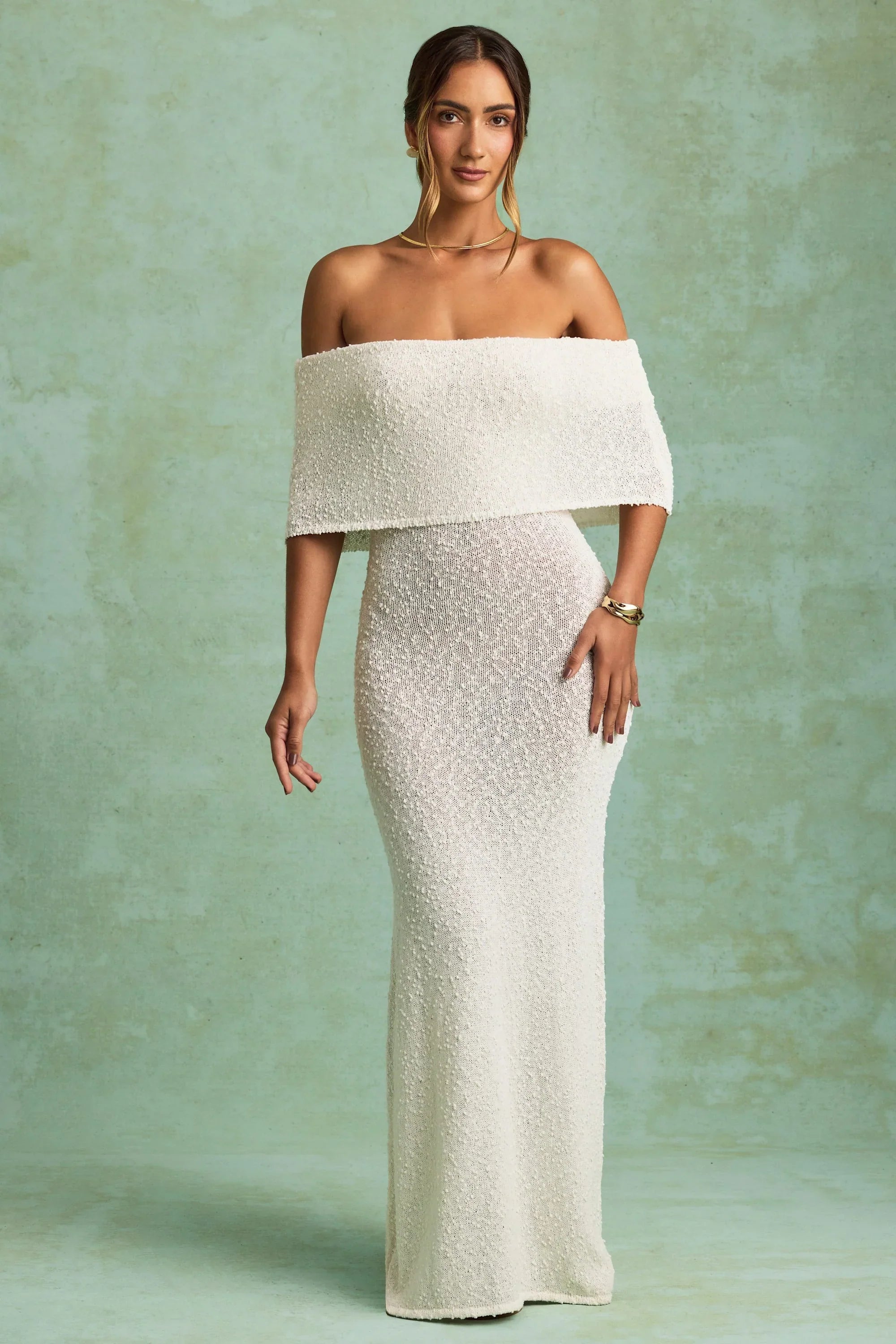 Bouclé Off Shoulder Maxi Dress in White