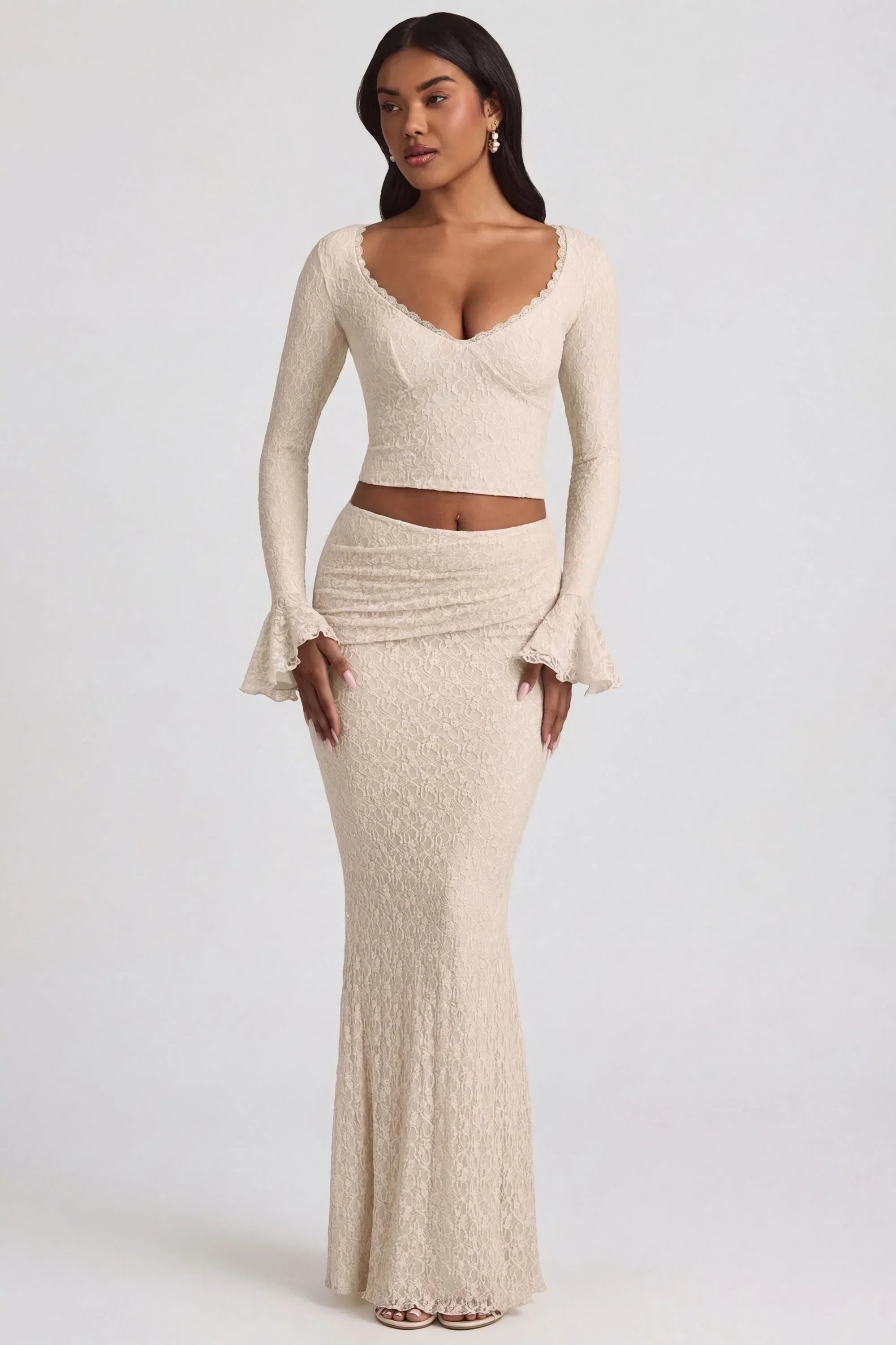 Draped Low Rise Lace Maxi Skirt in Ivory