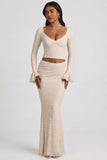 Draped Low Rise Lace Maxi Skirt in Ivory