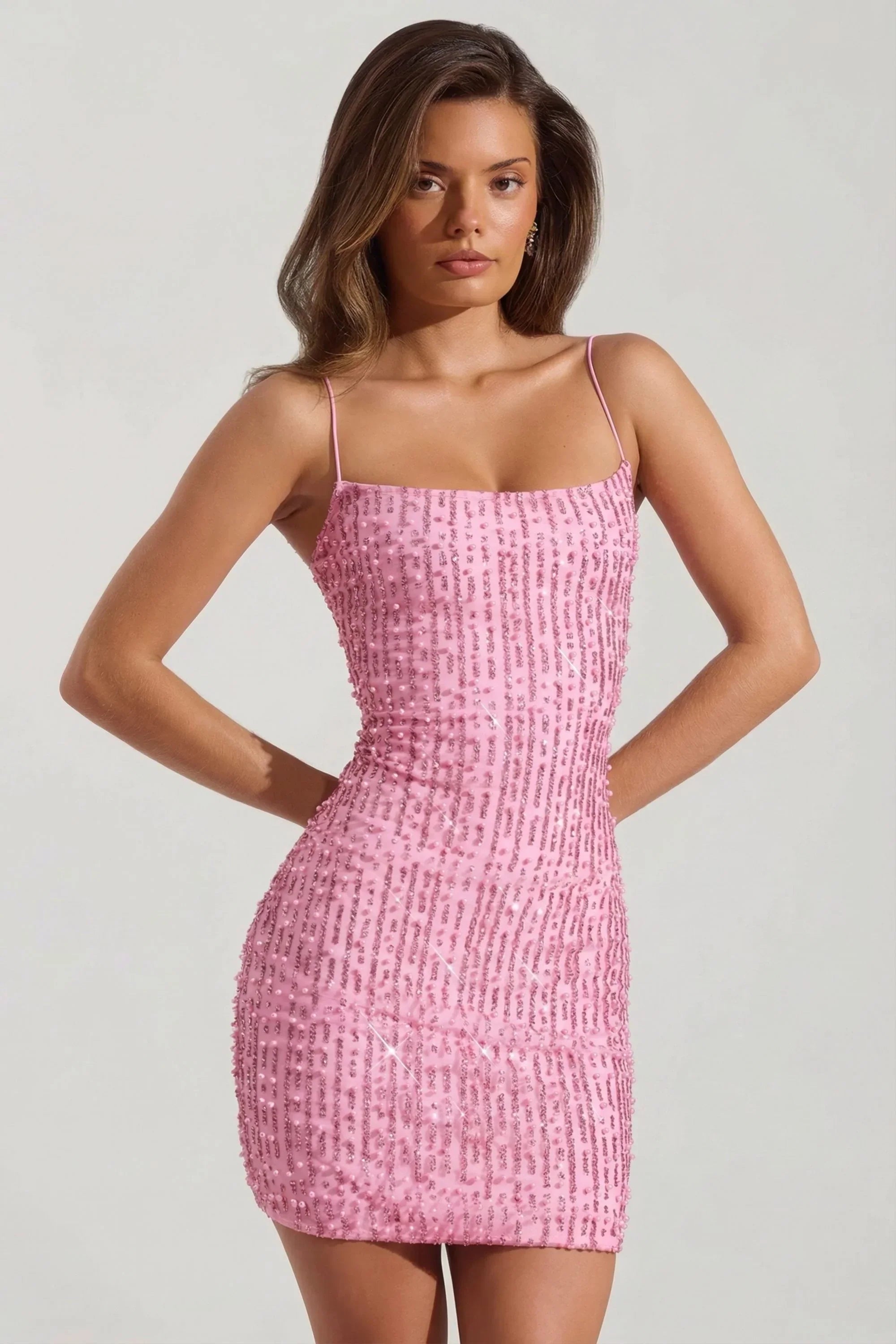 Embellished Scoop Neck Bodycon Mini Dress in Pink
