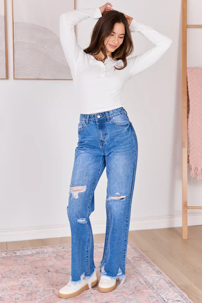 Ariel Medium Wash Distressed Wide Leg Jeans