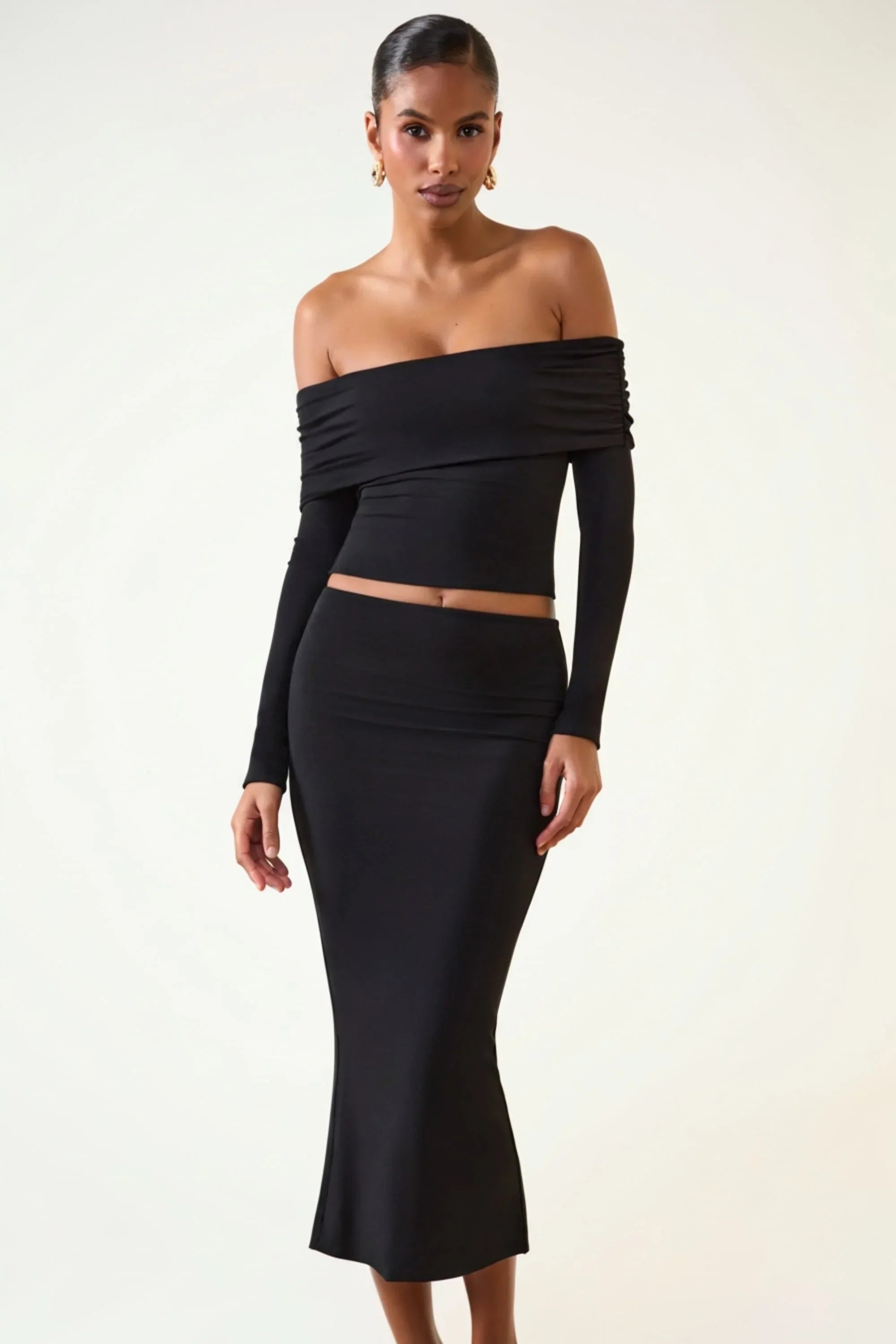 Modal Off Shoulder Long Sleeve Top in Black