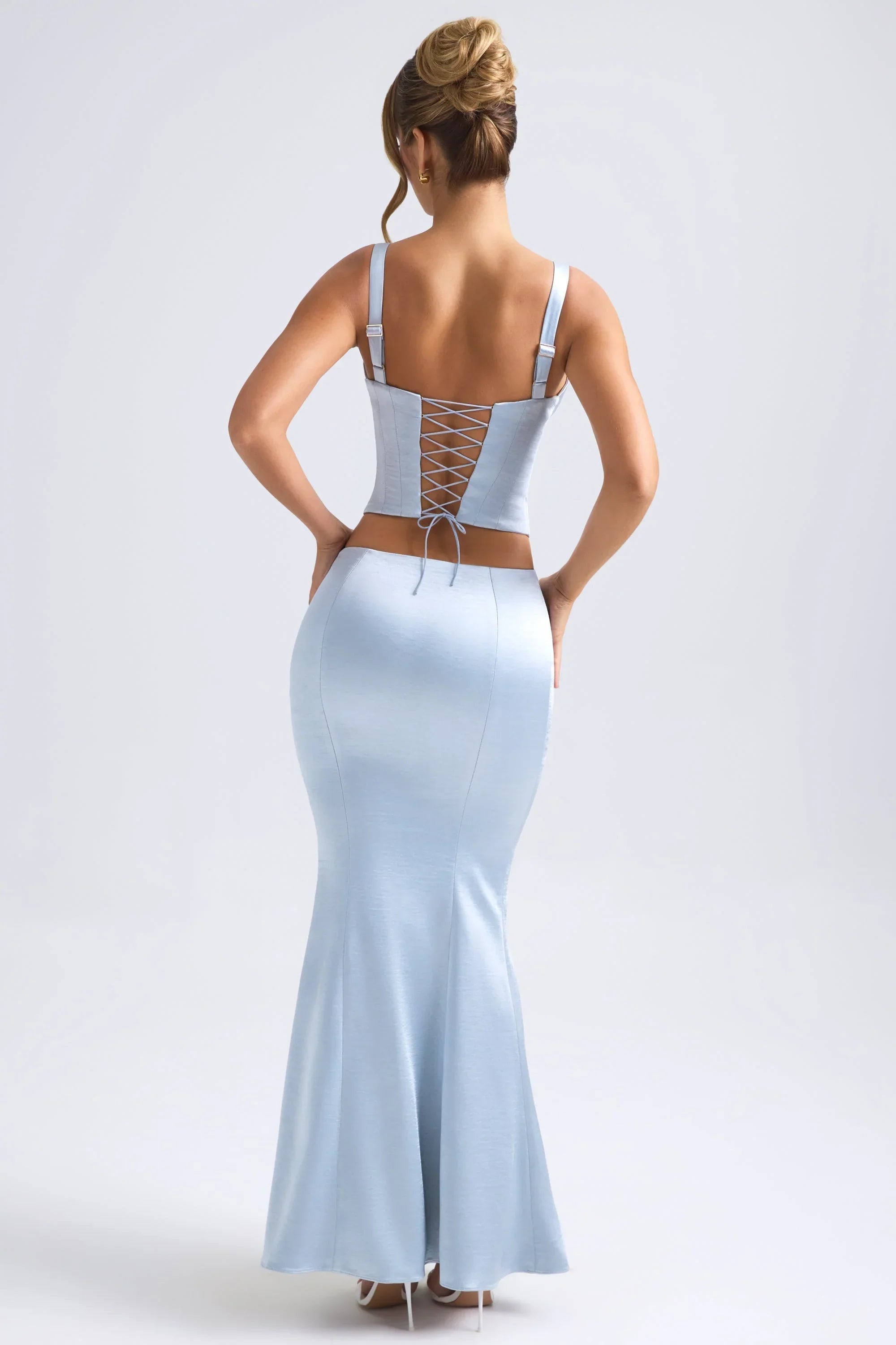 Mid Rise Fishtail Maxi Skirt in Light Blue