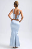 Mid Rise Fishtail Maxi Skirt in Light Blue