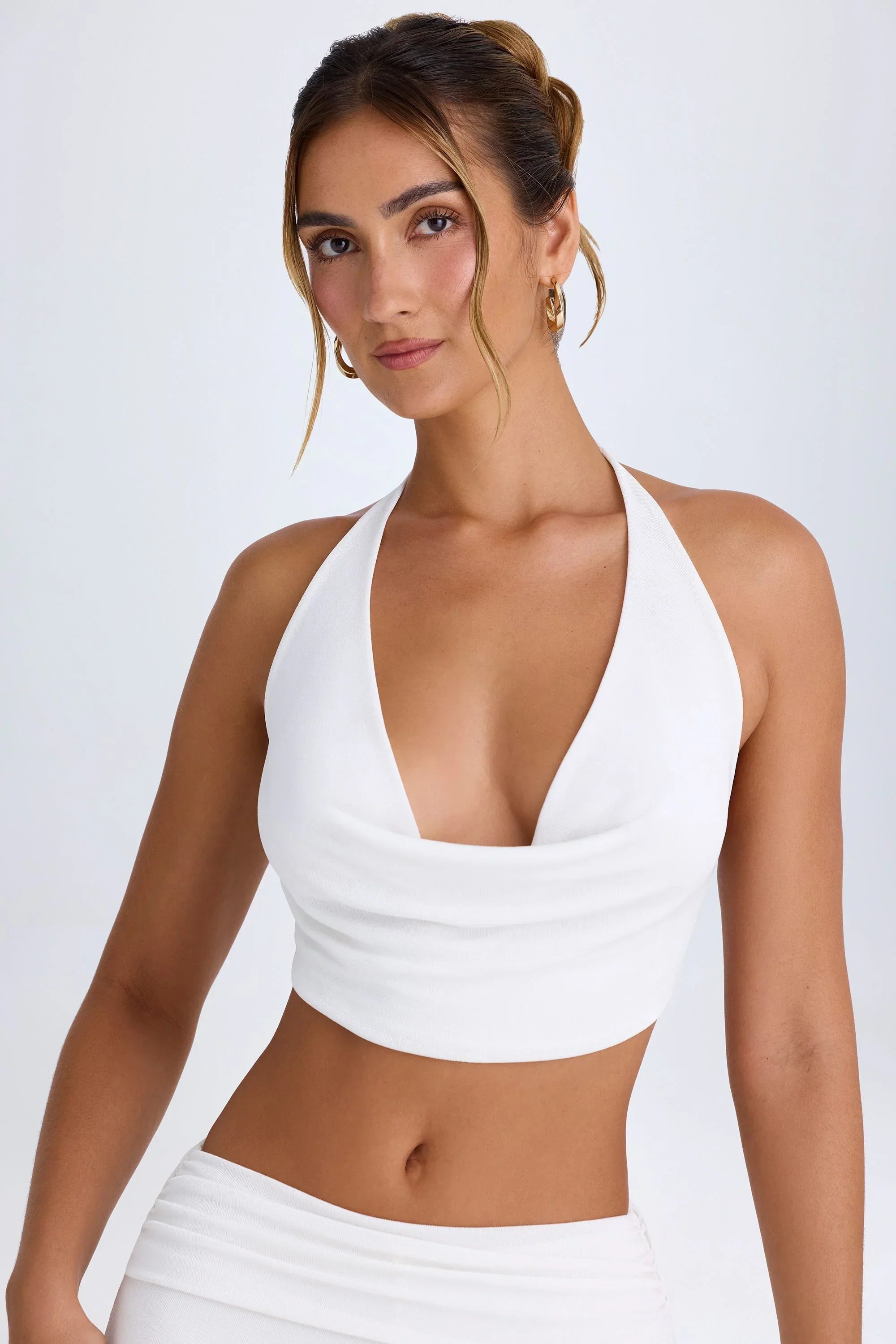 Cowl Front Halterneck Crop Top in White